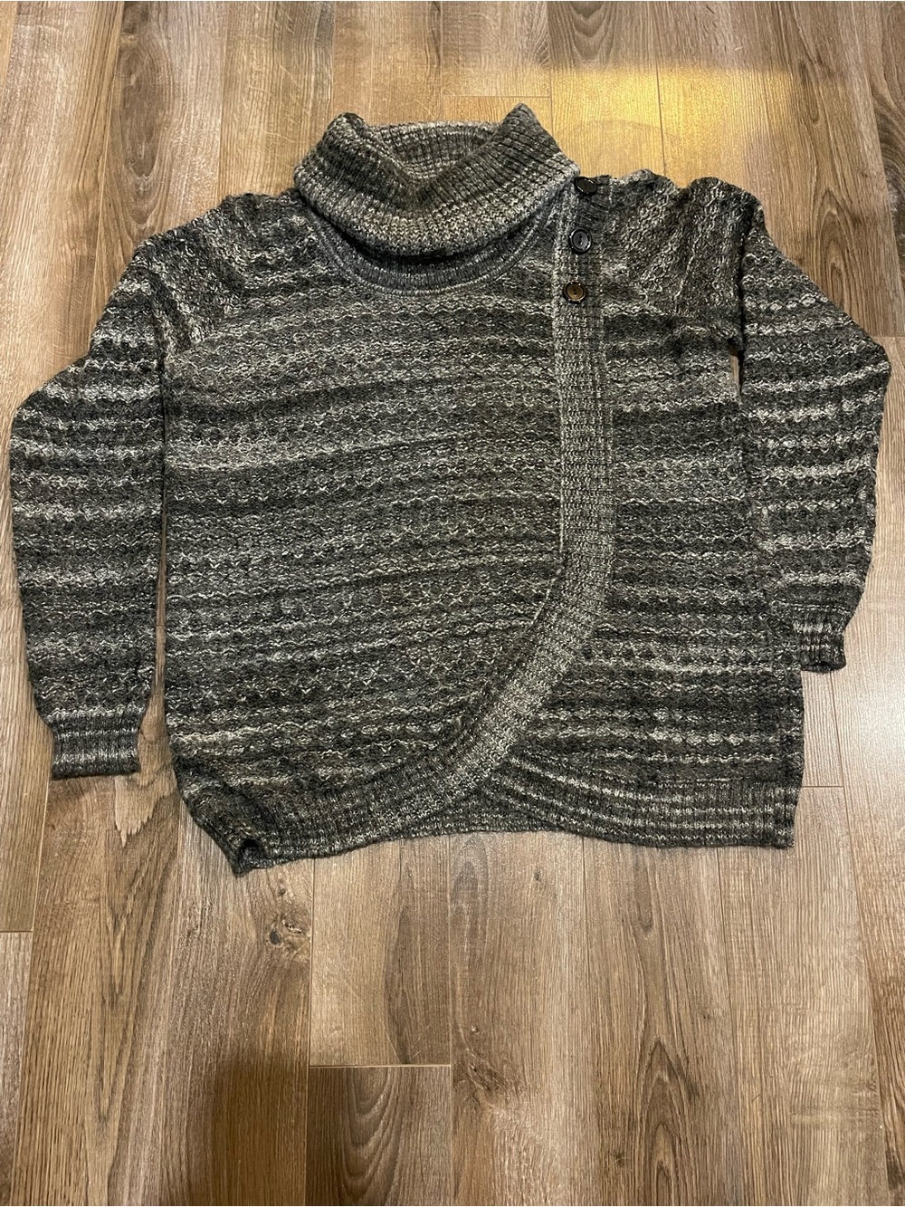 Grey Marled Cowl Neck Sweater Asymmetrical Button Detail L